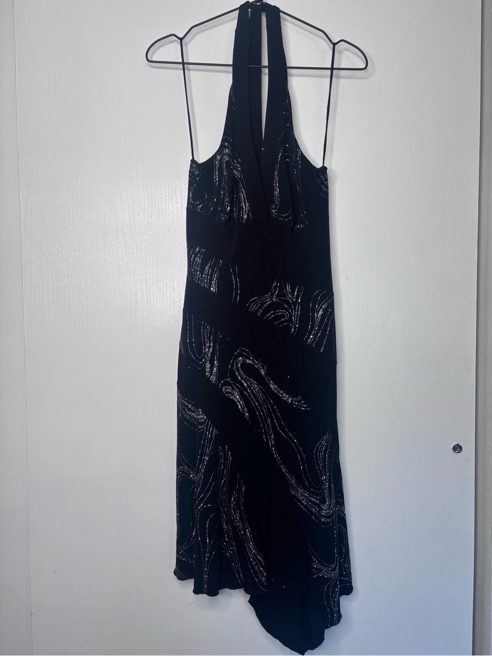 Black Halter Maxi Dress with Silver Swirl Accents Y2K